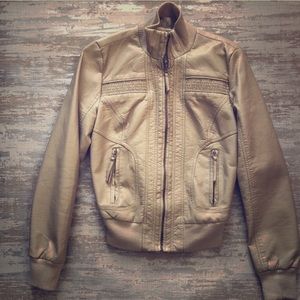 Tan Faux Leather Bomber Jacket